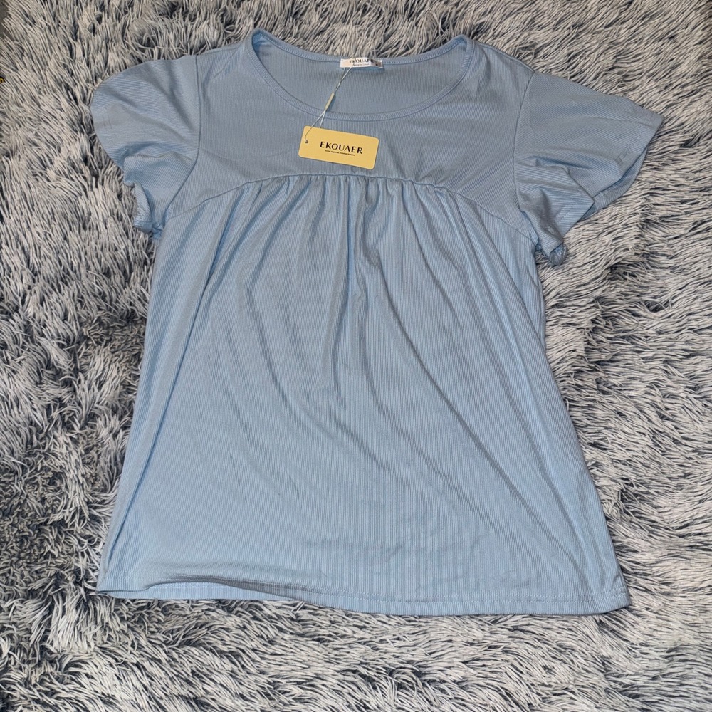 Ekouaer Ruffle Sleeve Ribbed Top Womens Medium Baby Blue Flutter Scoop Neck NWT